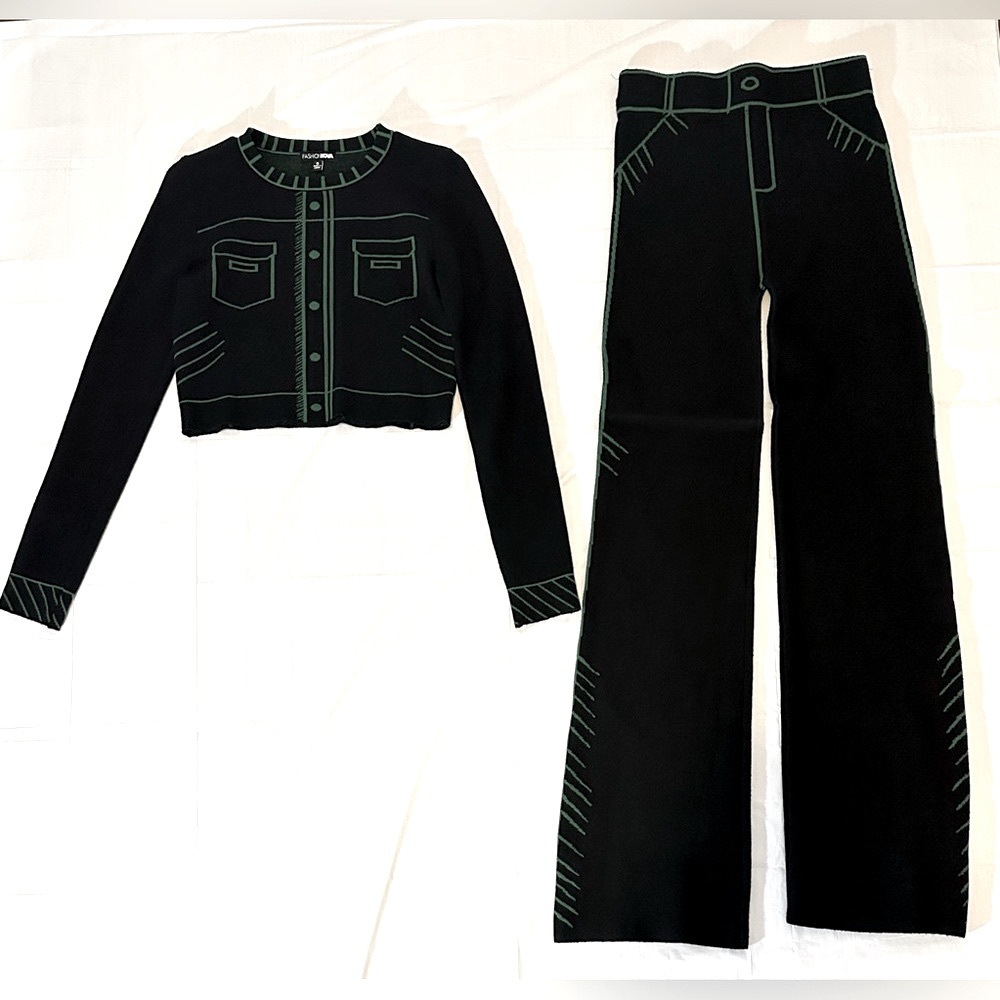 Fashion Nova Black Knit Crop Cardigan & Wide-Leg Pants Set with Green Trim